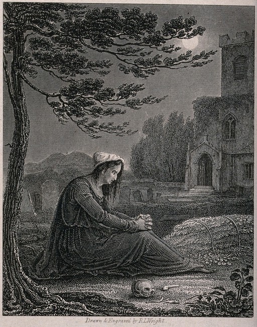 A distressed woman kneeling next to a skull in a cemtery. Engraving by R.L. Wright.