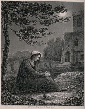 view A bereaved mother mourning her dead daughter in a graveyard, stricken with remorse for having treated her harshly in her lifetime. Engraving by R.L. Wright.