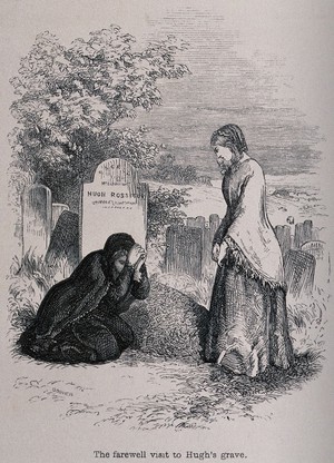 view Fleda and Mrs Rossitur visiting the grave of Hugh Rossitur. Engraving with etching.
