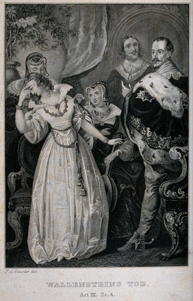 A young woman faints on hearing the news of the death of General Wallenstein (?). Line engraving with etching by Peter Carl Geissler.