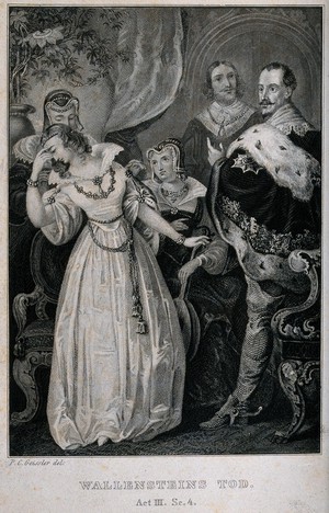 view A young woman faints on hearing the news of the death of General Wallenstein (?). Line engraving with etching by Peter Carl Geissler.