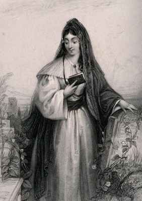 A woman leaning on a tombstone in a graveyard reading from her bible. Stipple engraving by J. Cochran after Joseph John Jenkins, 1839.