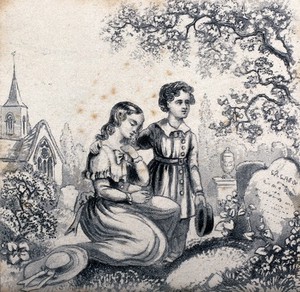 view Two children visiting a grave in a cemetery. Aquatint.