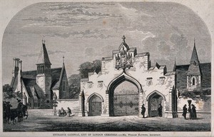 view The entrance gateway of the City of London Cemetery. Wood engraving by W. E. Hodgkin after B. Sly.