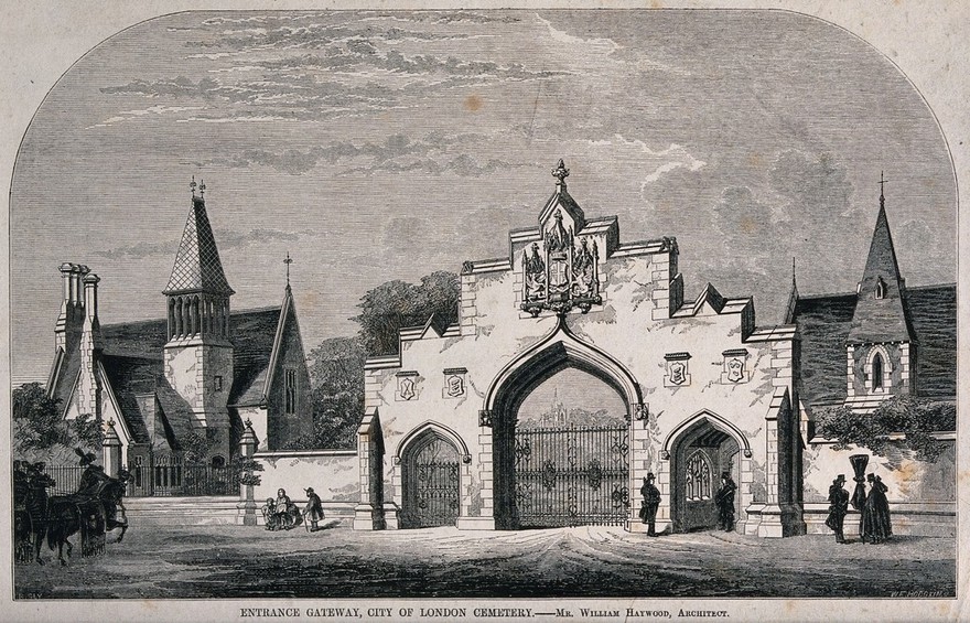 The entrance gateway of the City of London Cemetery. Wood engraving by W. E. Hodgkin after B. Sly.