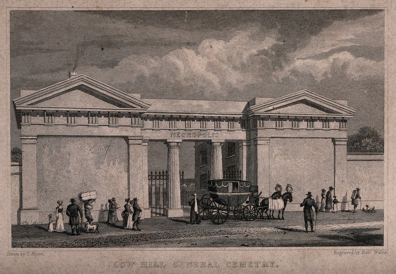 The entrance of Low Hill General Cemetery, Liverpool. Engraving by Robert Wallis after Thomas Allom., by Thomas Allom