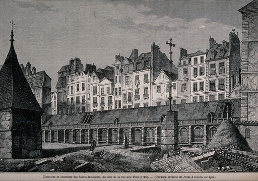 Cemetery of the Innocents in Paris. Wood engraving.