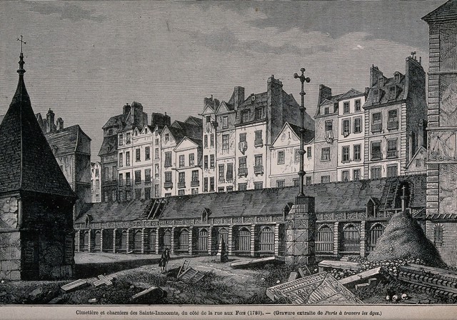 Cemetery of the Innocents in Paris. Wood engraving by F.L. Méaulle, .