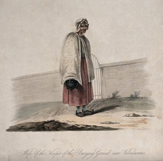 The wife of the keeper of the burying ground near Valenciennes standing outside the gate of the cemetery. Coloured aquatint, 1817.