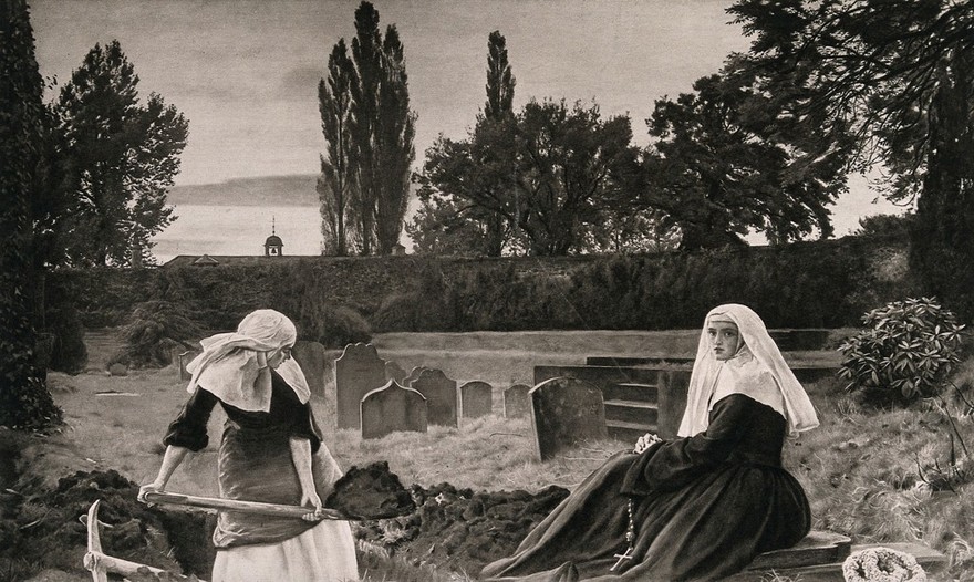 A young nun digging a grave while another nun sits nearby. Process print after J.E. Millais, 1858-1859.