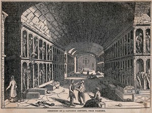 view Gentlemen visiting and drawing the vaults in the Capuchin tombs of Palermo. Wood engraving.