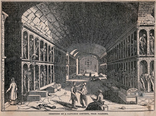 Gentlemen visiting and drawing the vaults in the Capuchin tombs of Palermo. Wood engraving.