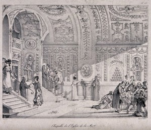 view Church of Santa Maria della Confraternita dell'Orazione e Morte, Rome: people visiting the chapel. Lithograph by F. Villain after A.J.-B. Thomas, 1823.