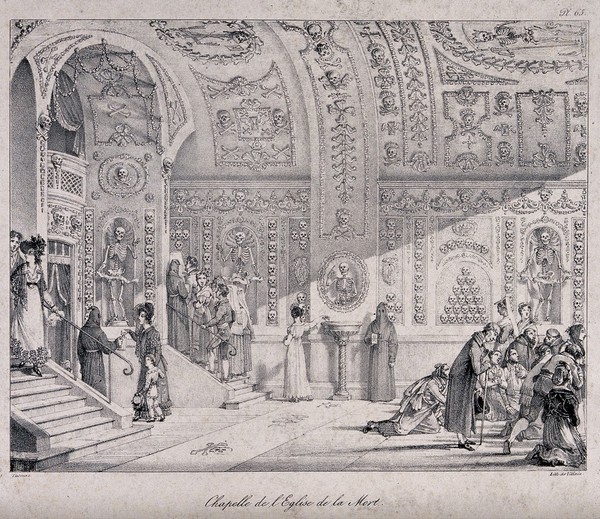 Church of Santa Maria della Confraternita dell'Orazione e Morte, Rome: people visiting the chapel. Lithograph by F. Villain after A.J.-B. Thomas, 1823.