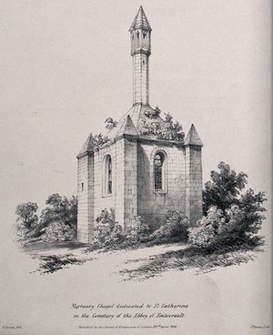 view Abbey of Fontevrault: the mortuary chapel. Lithograph by J. Basire after G. Bouet.