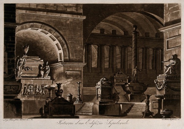 Interior of a mausoleum. Aquatint with engraving by Francesco Inghirami after Luigi Lombardo Tasca.