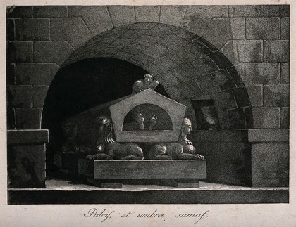 A stone tomb decorated with Egyptian ornaments. Aquatint.