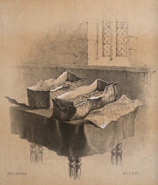 Two leaden cists containing the remains of Gundrada, the daughter of William the Conqueror and her husband William de Warren. Chalk lithograph by F.W. Woledge after a drawing by R.H. Nibbs, 1845.