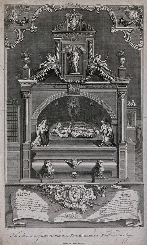 The monument of King Henry II and Richard I with sculptures representing other members of the families at Font Evraud in Anjou. Engraving with etching by J. Goldar after H. Gravelot, 1813.