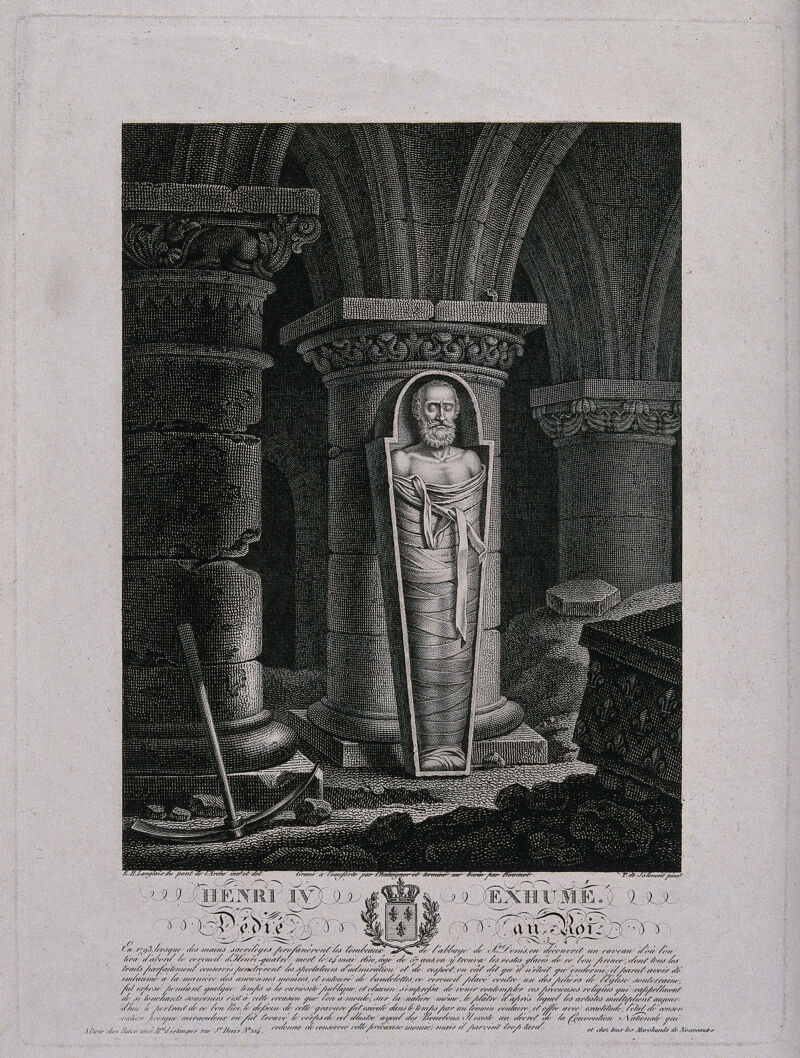 The exhumed corpse of the French King Henry IV standing bandaged and