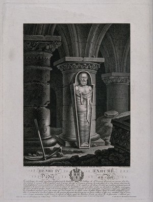 view The exhumed corpse of the French King Henry IV standing bandaged and upright in a coffin in the vaults of the Basilica of Saint-Denis. Line engraving with etching by E. Bovinet, A. Chataigner and T.B. de Jolimont after E.H. Langlois.