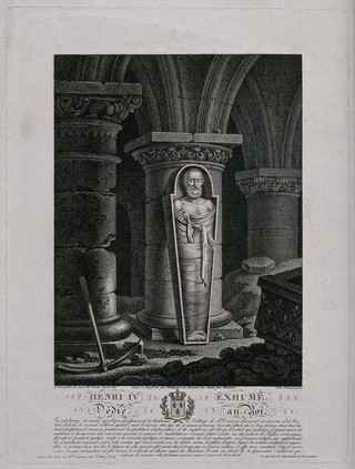 The exhumed corpse of the French King Henry IV standing bandaged and upright in a coffin in the vaults of the Basilica of Saint-Denis. Line engraving with etching by E. Bovinet, A. Chataigner and T.B. de Jolimont after E.H. Langlois.