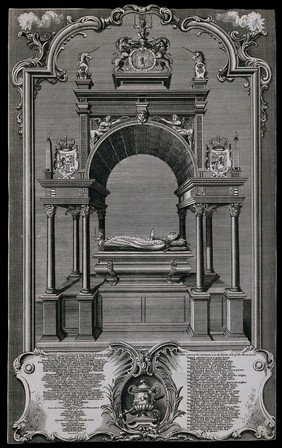 The tomb of Mary Queen of Scots in Westminster Abbey: stone effigy and numerous heraldic sculptures. Engraving by C. Dubosc after H. Gravelot.