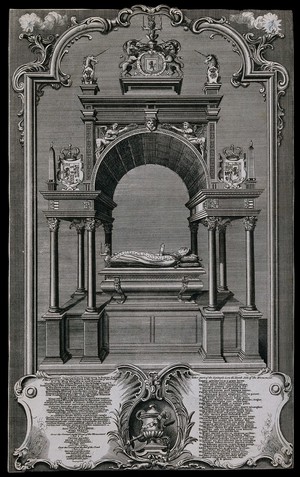 view The tomb of Mary Queen of Scots in Westminster Abbey: stone effigy and numerous heraldic sculptures. Engraving by C. Dubosc after H. Gravelot.