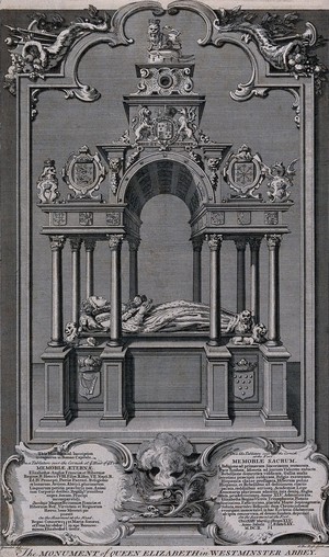 view The tomb of Queen Elizabeth I of England in Westminster Abbey. Engraving with etching by Claude du Bosc after H.F. Gravelot.
