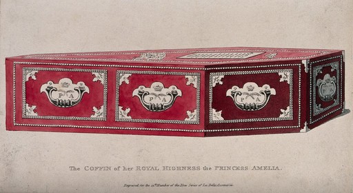 The coffin of her Royal Highness Princess Amelia. Coloured engraving.