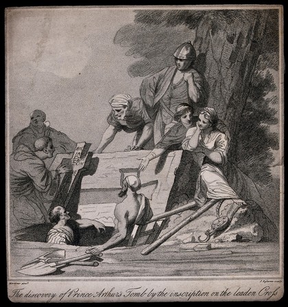 The discovery of the tomb of King Arthur. Stipple engraving by J. Ogborne after J.H. Mortimer.