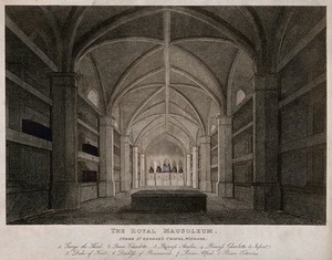 view The Royal Mausoleum under St. George's Chapel in Windsor. Coloured etching with engraving.