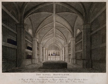 The Royal Mausoleum under St. George's Chapel in Windsor. Coloured etching with engraving.