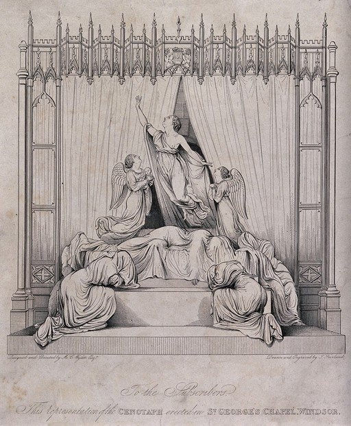 Cenotaph commemorating Princess Charlotte Augusta in St. George's Chapel in Windsor. Lithograph by T. Fairland after a sculpture by M.C. Wyatt, 1826.