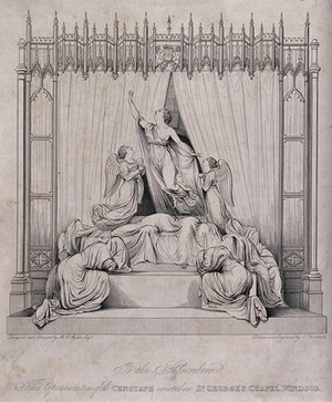 view Monument commemorating Princess Charlotte Augusta in St. George's Chapel in Windsor. Etching by T. Fairland after a sculpture by M.C. Wyatt, 1826.