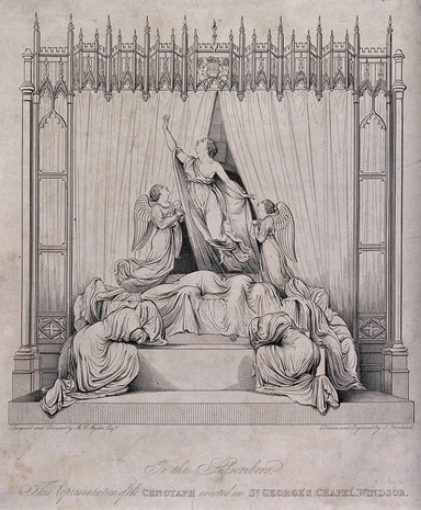 Monument commemorating Princess Charlotte Augusta in St. George's Chapel in Windsor. Etching by T. Fairland after a sculpture by M.C. Wyatt, 1826.