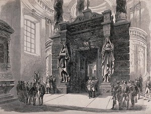 view Les Invalides, Paris: entrance to the crypt of Napoleon's tomb. Wood engraving.
