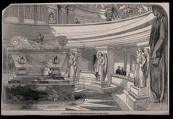 Les Invalides, Paris: the sarcophagus in the crypt of the tomb of Napoleon. Wood engraving.