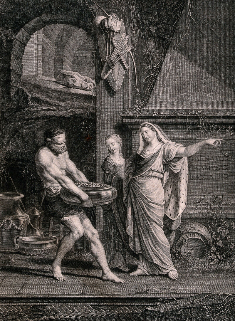 Zenobia, ruler of the Palmyrene empire, is besieged in Antioch by the Roman emperor Aurelian, and gives orders for the moving of her treasure: a man carrying a large vessel filled with coins carries it past the tomb of Odenathus. Line engraving by Charles Etienne Gaucher, 1789, after J. Werner., 1789, by Joseph Werner the Younger