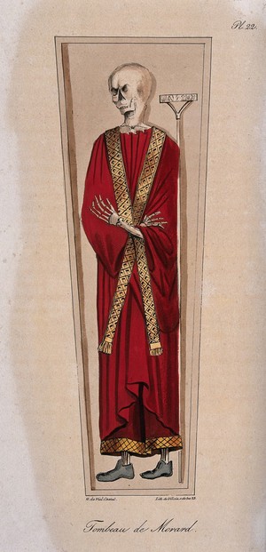 view The skeleton of a clergyman called Morard dressed in clerial robes lying in a coffin. Lithograph by François Le Villain after Horace de Viel-Castel.