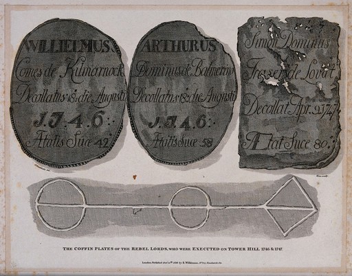The coffin plates of the Rebel Lords who were executed on Tower Hill in 1746 and 1747. Etching with engraving by W. Wise after R.B. Schnebbelie, 1816.