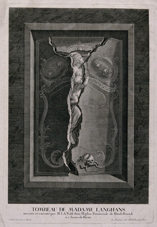 The tomb of Madame Langhans showing a young woman clutching a newborn baby and breaking through the lid of the tomb rising upwards. Line engraving with etching after J.A. Nahl.