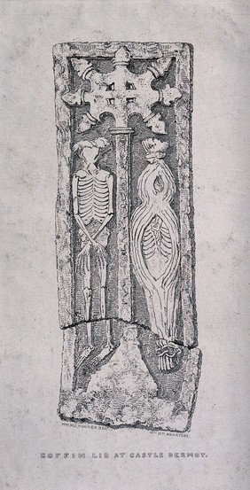 The lid of a coffin at Castle Dermot, decorated with two skeletons. Etching by Mrs. D.T. after Mrs. W.J. Hooker.