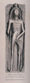 A monumental stone skeleton. Engraving with etching by William Deeble, 1815.