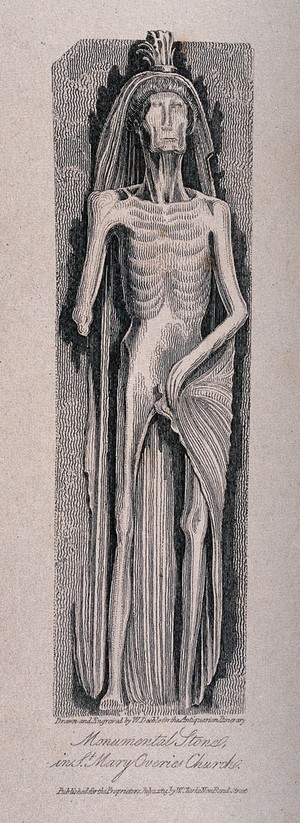 view A monumental stone skeleton. Engraving with etching by William Deeble, 1815.