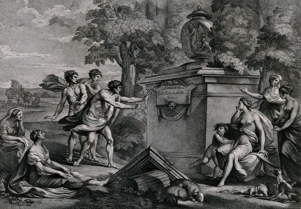 Shepherds in Arcadia discover a tomb and show signs of distress and horror. Stipple with engraving by Kirk after G.B. Cipriani, 1788.