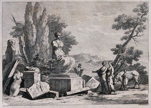 view Roman ruins in a landscape being admired by two young women and a man holding a book. Etching by F. Bartolozzi.