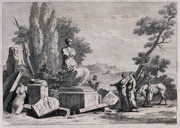 Roman ruins in a landscape being admired by two young women and a man holding a book. Etching by F. Bartolozzi.