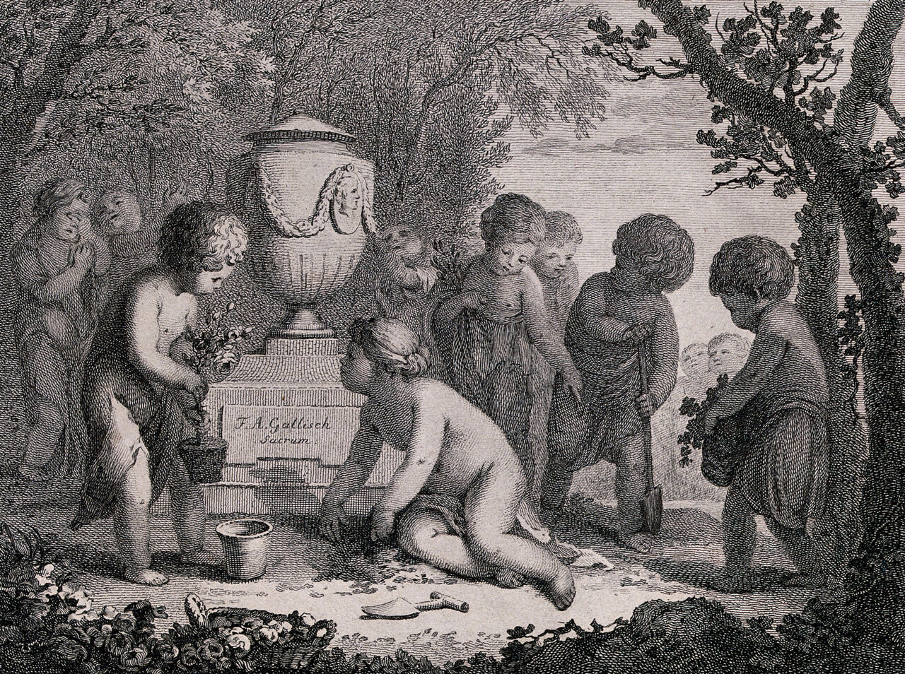Young children scattering flowers around the tomb of F.A. Gallisch. Line engraving with etching by C.W. Griessmann after A.F. Oeser, 1789., 1789, by Adam Friedrich Oeser