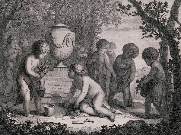 Young children scattering flowers around the tomb of F.A. Gallisch. Line engraving with etching by C.W. Griessmann after A.F. Oeser, 1789.